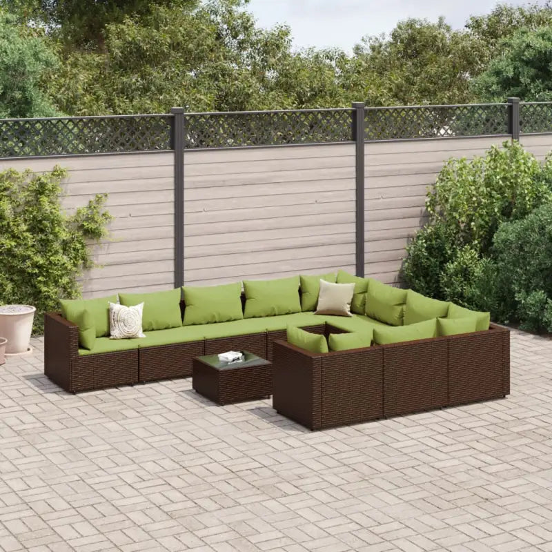 Zwart materialen loungeset met gepoedercoat staal en comfortabele afmetingen - Bruin en groen / 4x hoek + 6x midden
