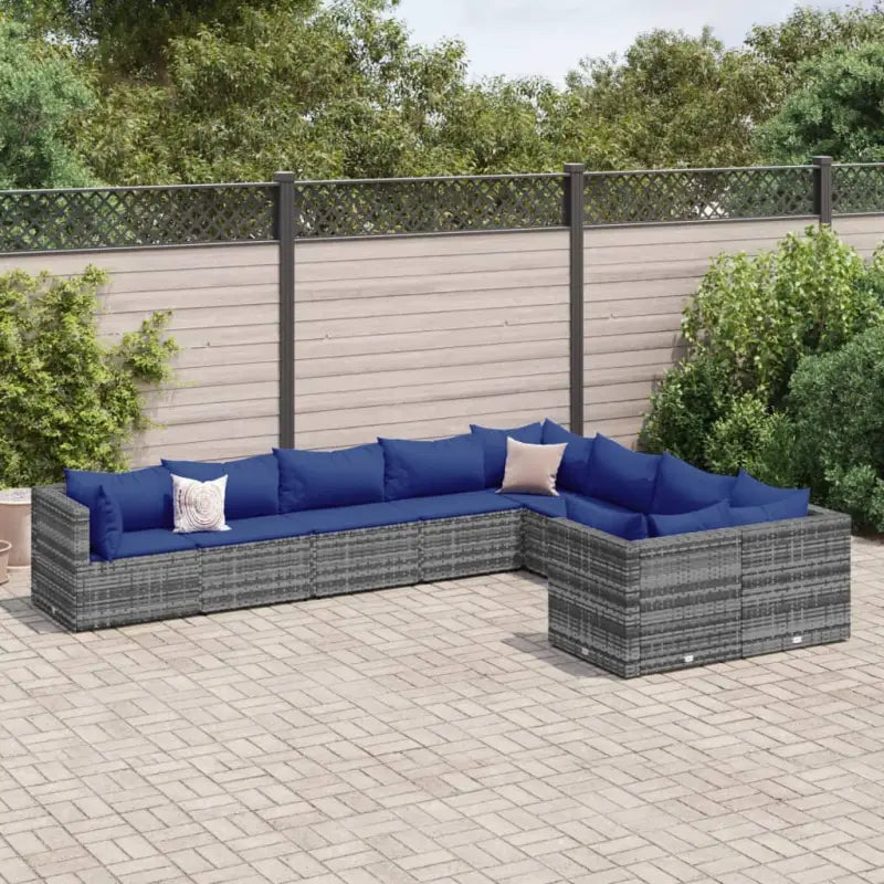 Zwart materialen loungeset met gepoedercoat staal en comfortabele afmetingen - Grijs en blauw / 4x hoek + 5x midden