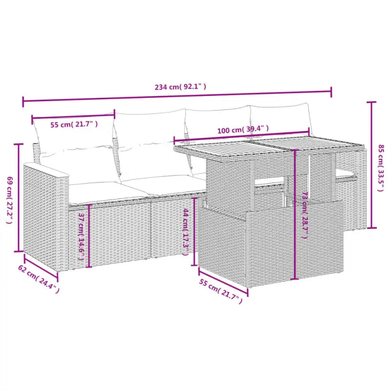 Zwarte loungeset van gepoedercoat staal en poly rattan voor tuin en terras - Tuinsets