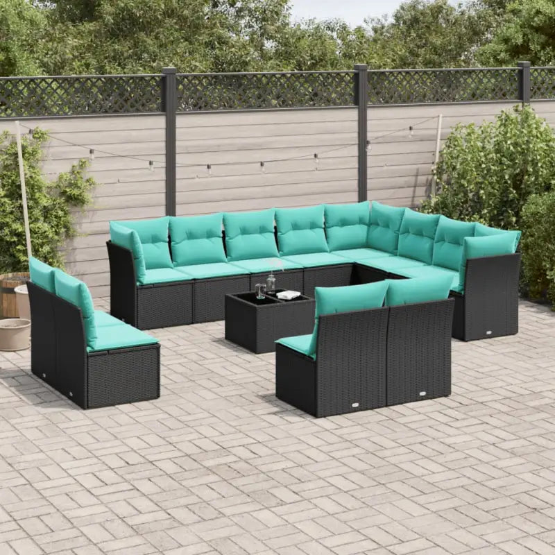 Zwarte loungeset van poly rattan met gepoedercoat staal en ruime afmetingen - Zwart en blauw / Met tafel - Tuinsets