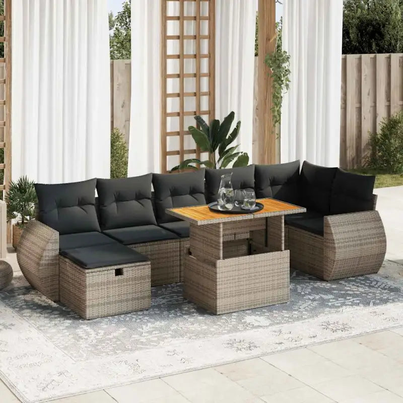 Zwarte tuinset met gepoedercoat staal voor terras en tuin ontspanning - grijs en donkergrijs / Tafel + 3x hoek + 3x