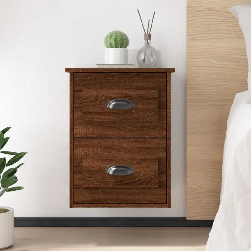 Zwevend nachtkastje in hoogglans wit met elegant ontwerp - bruin eikenkleur / 2 - Nachtkastjes