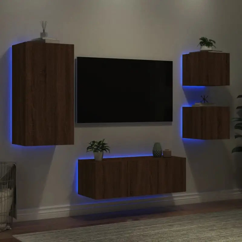 Zwevend TV-meubel met rgb led-verlichting en bewerkt hout - bruin eikenkleur / 1 - Tv-meubels