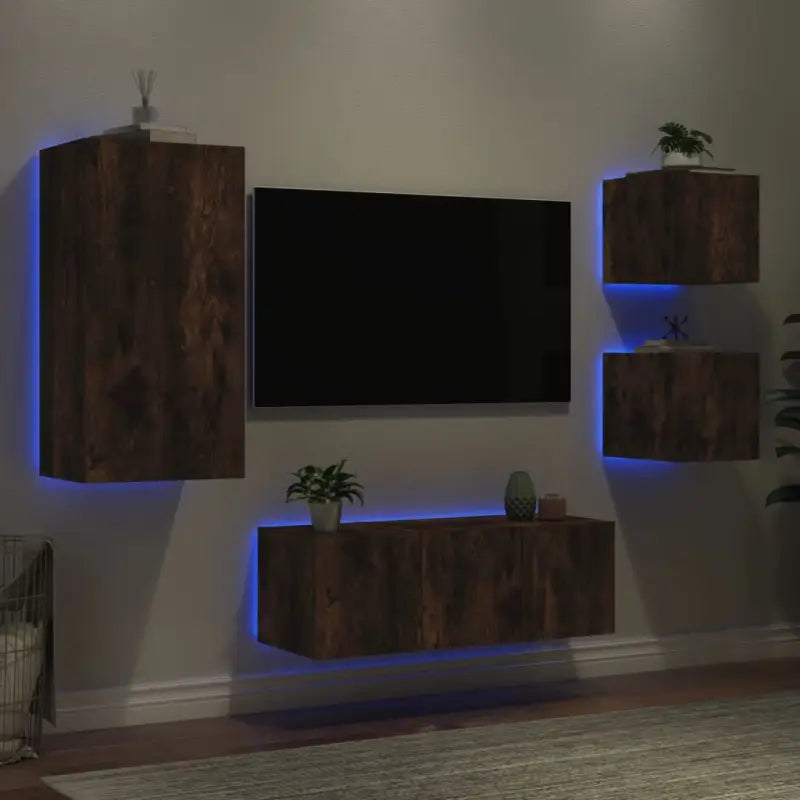 Zwevend TV-meubel met rgb led-verlichting en bewerkt hout - Gerookt eiken / 1 - Tv-meubels