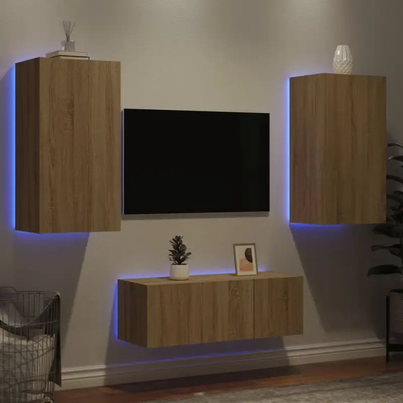 Zwevend tv-meubel met rgb led-verlichting en bewerkt hout - Sonoma eiken / 1 - Tv-meubels