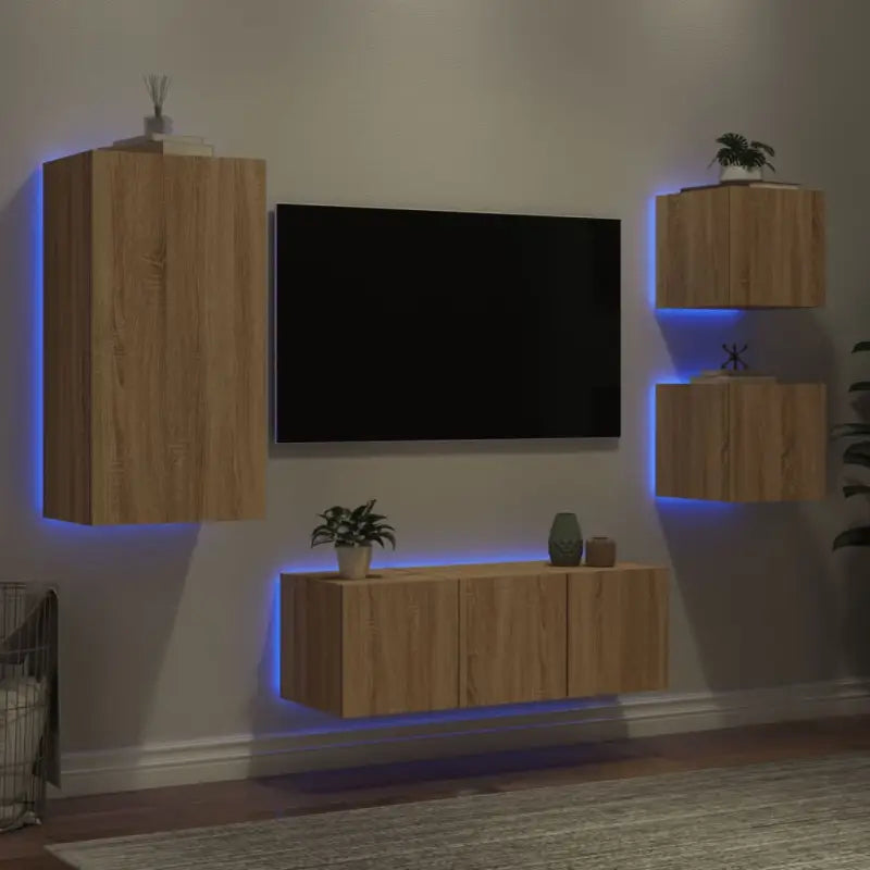 Zwevend TV-meubel met rgb led-verlichting en bewerkt hout - Sonoma eiken / 1 - Tv-meubels