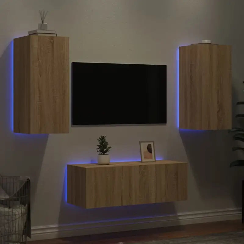 Zwevend tv-meubel met rgb led-verlichting van bewerkt hout - Sonoma eiken / 1 - Tv-meubels