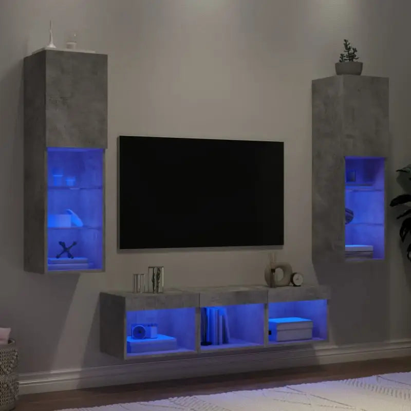 Zwevend tv-meubel van bewerkt hout met rgb led-verlichting - Betongrijs / 5 - Tv-meubels