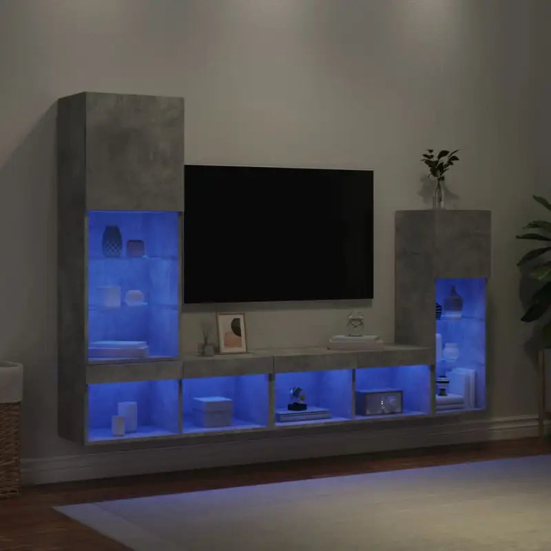 Zwevend tv-meubel van bewerkt hout met RGB LED-verlichting - Betongrijs / 1 - Tv-meubels