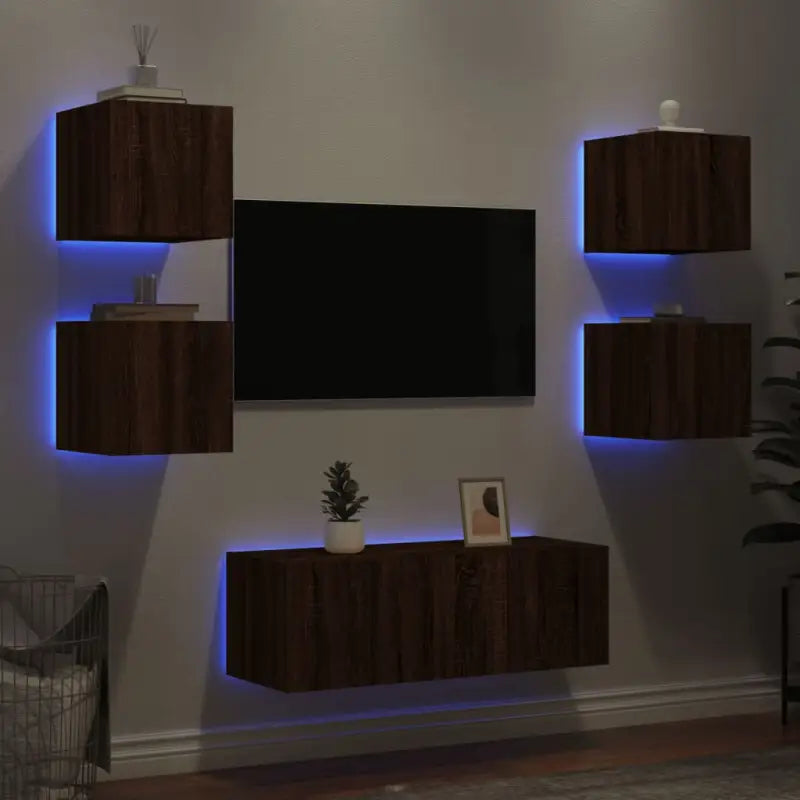 Zwevend Tv-Meubel van Bewerkt Hout met RGB LED-Verlichting - bruin eikenkleur / 1 - Tv-meubels