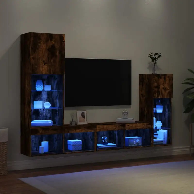 Zwevend tv-meubel van bewerkt hout met RGB LED-verlichting - Gerookt eiken / 1 - Tv-meubels