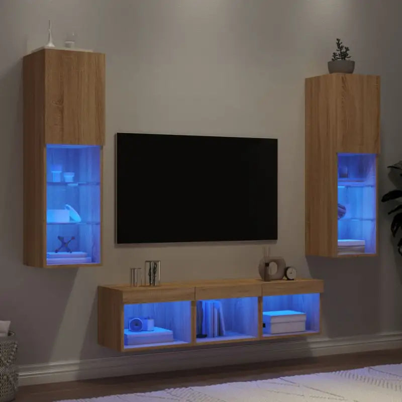 Zwevend tv-meubel van bewerkt hout met rgb led-verlichting - Sonoma eiken / 5 - Tv-meubels