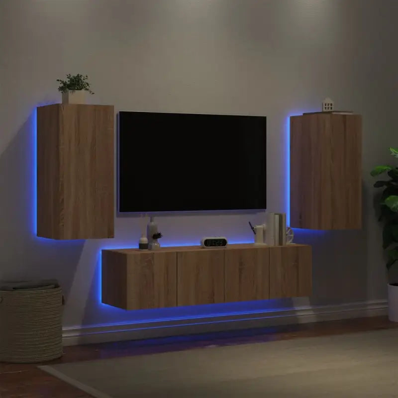 Zwevend tv-meubel van bewerkt hout met rgb led-verlichting - Sonoma eiken / 1 - Tv-meubels