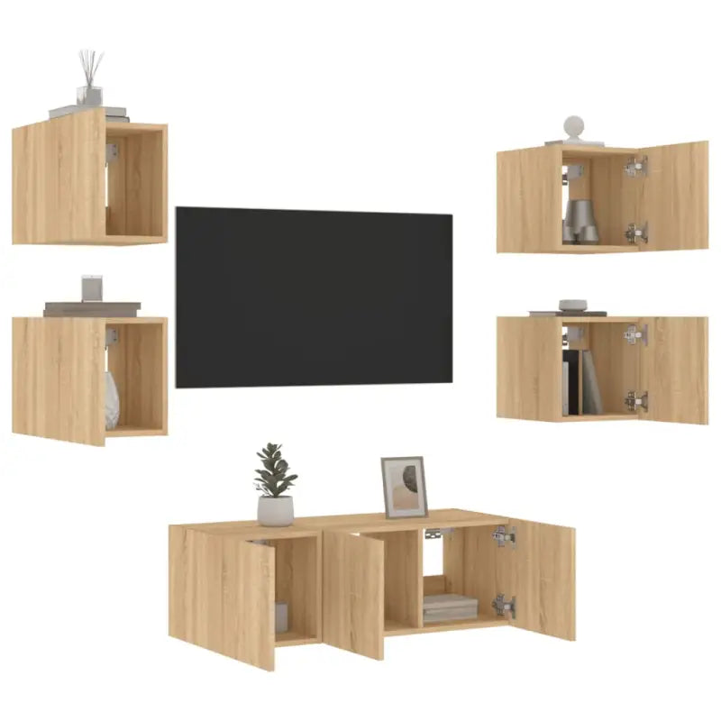 Zwevend Tv-Meubel van Bewerkt Hout met RGB LED-Verlichting - Tv-meubels