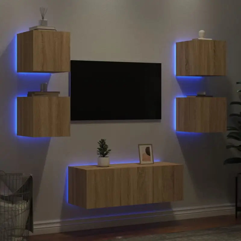Zwevend Tv-Meubel van Bewerkt Hout met RGB LED-Verlichting - Tv-meubels