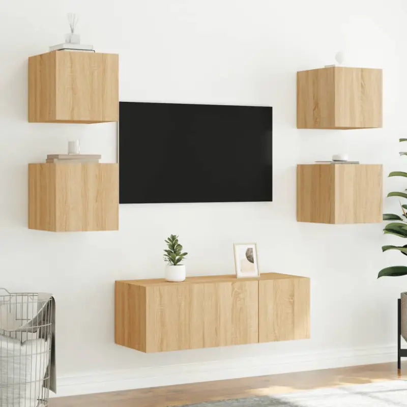 Zwevend Tv-Meubel van Bewerkt Hout met RGB LED-Verlichting - Tv-meubels