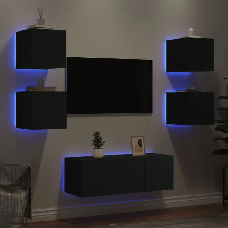 Zwevend Tv-Meubel van Bewerkt Hout met RGB LED-Verlichting - Zwart / 1 - Tv-meubels