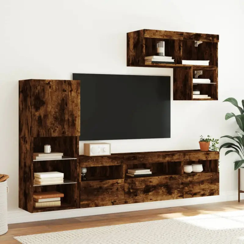 Zwevende tv-meubel met RGB LED-verlichting van bewerkt hout - Tv-meubels